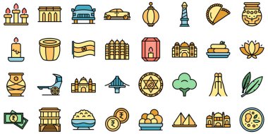 Kolkata simgeleri dış hat vektörünü ayarlar. Hindistan şehri. Hatıra köprüsü ince çizgi beyazı düz