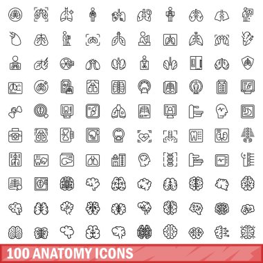 100 anatomi simgesi ayarlandı. Beyaz arkaplanda izole edilmiş 100 anatomi ikonu vektörünün taslak çizimi