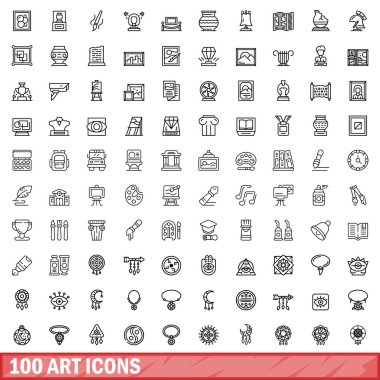 100 resim simgesi hazır. Beyaz arkaplanda izole edilmiş 100 sanat simgesi vektörünün taslağı
