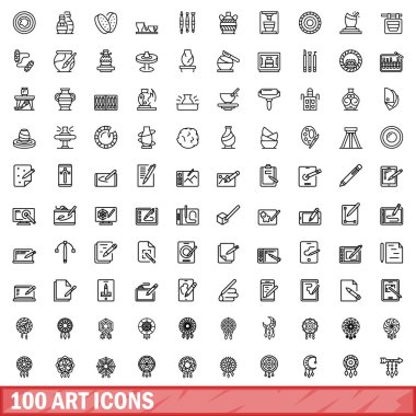 100 resim simgesi hazır. Beyaz arkaplanda izole edilmiş 100 sanat simgesi vektörünün taslağı