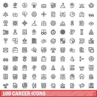 100 kariyer ikonu hazır. Beyaz arkaplanda izole edilmiş 100 kariyer simgesi vektörünün taslağı