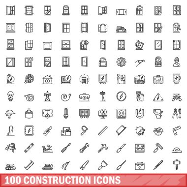 100 inşaat ikonu ayarlandı. Beyaz arkaplanda izole edilmiş 100 yapı ikonu vektörünün taslağı