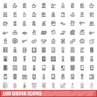 100 içecek ikonu hazır. Beyaz arkaplanda izole edilmiş 100 içecek ikonu vektörünün taslağı