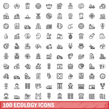 100 ekoloji ikonu ayarlandı. Beyaz arkaplanda izole edilmiş 100 ekoloji ikonu vektörünün taslağı