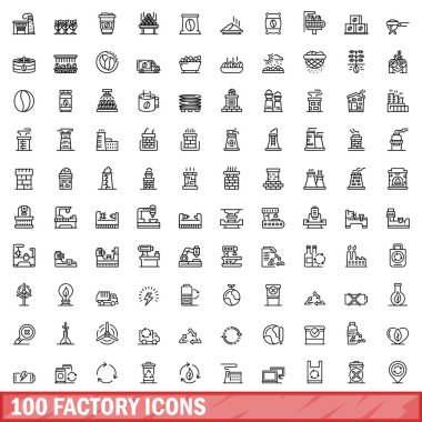 100 fabrika simgesi ayarlandı. Beyaz arkaplanda izole edilmiş 100 fabrika ikonu vektörünün taslağı