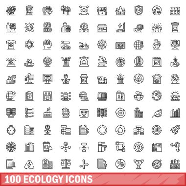 100 ekoloji ikonu ayarlandı. Beyaz arkaplanda izole edilmiş 100 ekoloji ikonu vektörünün taslağı