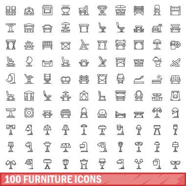 100 mobilya simgesi seti. Beyaz arkaplanda izole edilmiş 100 mobilya ikonu vektörünün taslağı
