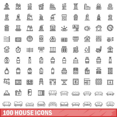 100 tane ev simgesi. Beyaz arkaplanda izole edilmiş 100 ev simgesi vektörünün taslak çizimi