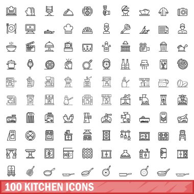 100 mutfak ikonu hazır. Beyaz arkaplanda izole edilmiş 100 mutfak simgesi vektörünün taslağı