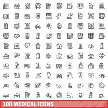 100 tıbbi ikon hazır. Beyaz arkaplanda izole edilmiş 100 tıbbi simge vektörünün taslağı