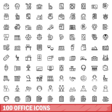 100 ofis simgesi ayarlandı. Beyaz arkaplanda izole edilmiş 100 ofis simgesi vektörünün taslağı