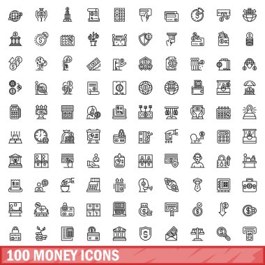 100 para ikonu ayarlandı. Beyaz arkaplanda izole edilmiş 100 para simgesi vektörünün taslağı