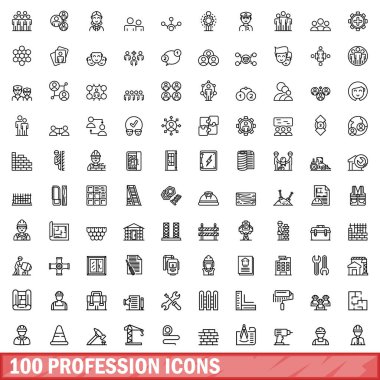 100 meslek simgesi belirlendi. Beyaz arkaplanda izole edilmiş 100 mesleki simge vektörünün taslağı