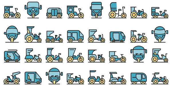Trishaw Icons Set Outline Vector Pedicab Bicycle Bike Indian Thin — Stock Vector