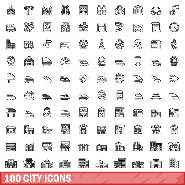 100 Iconos Ciudad Establecidos Esquema Ilustración 100 Iconos Ciudad Conjunto — Vector de stock