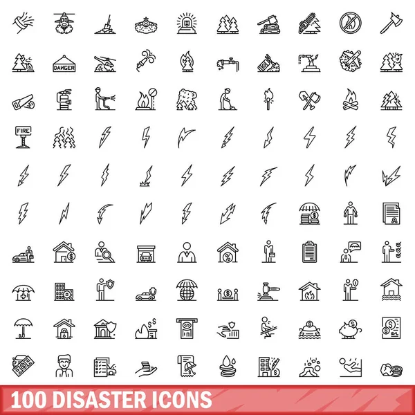 stock vector 100 disaster icons set. Outline illustration of 100 disaster icons vector set isolated on white background