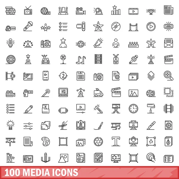 Conjunto 100 Ícones Mídia Delinear Ilustração 100 Mídia Ícones Vetor —  Vetores de Stock