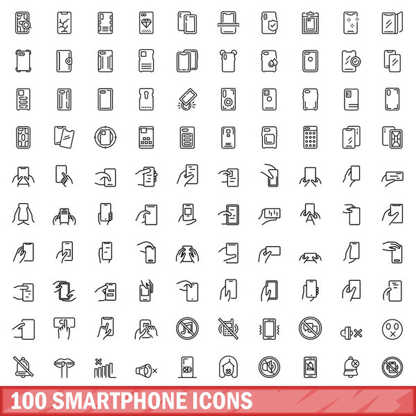 100 иконок смартфонов. Контур иллюстрации 100 иконок смартфона векторный набор изолирован на белом фоне