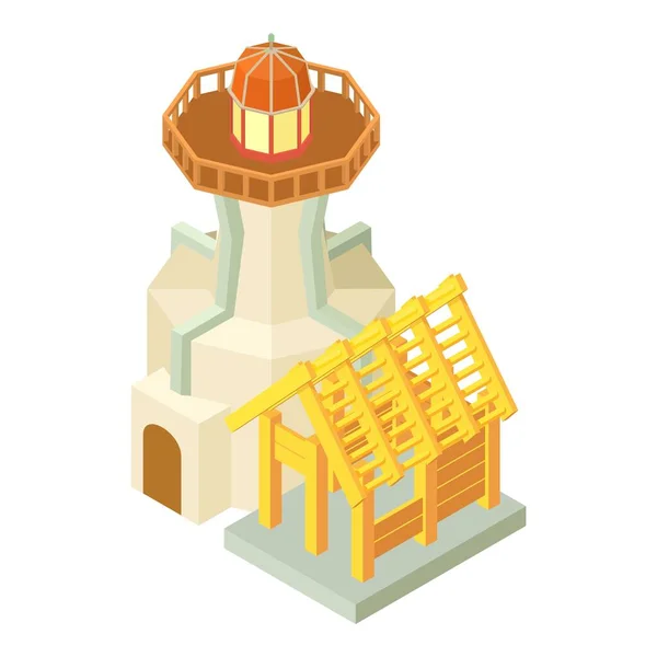 Φάρος Εικονίδιο Ισομετρική Διάνυσμα Beacon Και Ξύλινο Κτίριο Υπό Κατασκευή — Διανυσματικό Αρχείο
