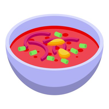 Kırmızı çorba ikonu izometrik vektörü. İspanyol yemeği. Deniz ürünleri eti.