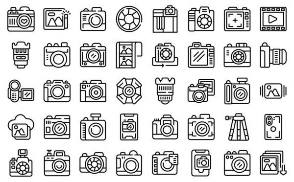 Photo camera icons set outline vector. Camera photo. Flash emoticon