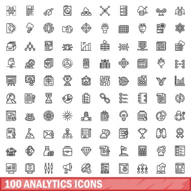 100 analitik simge ayarlandı. Beyaz arkaplanda izole edilmiş 100 analitik simge vektörünün taslağı