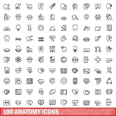 100 anatomi simgesi ayarlandı. Beyaz arkaplanda izole edilmiş 100 anatomi ikonu vektörünün taslak çizimi