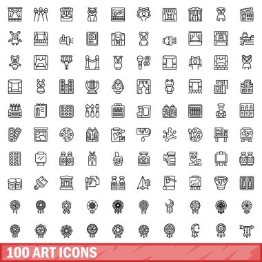 100 resim simgesi hazır. Beyaz arkaplanda izole edilmiş 100 sanat simgesi vektörünün taslağı