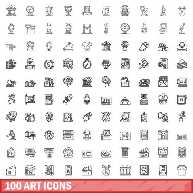 100 resim simgesi hazır. Beyaz arkaplanda izole edilmiş 100 sanat simgesi vektörünün taslağı