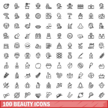 100 güzellik simgesi belirlendi. Beyaz arkaplanda izole edilmiş 100 güzellik simgesi vektörünün taslağı