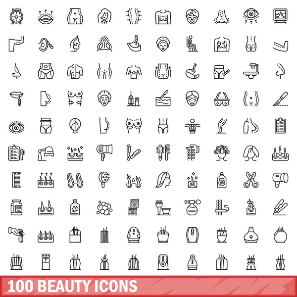 100 Iconos Belleza Esquema Ilustración 100 Iconos Belleza Vector Conjunto — Archivo Imágenes Vectoriales