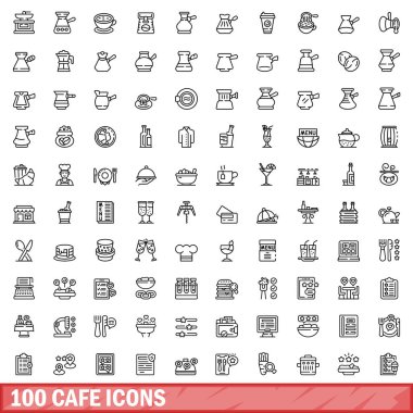 100 kafe ikonu ayarlandı. Beyaz arkaplanda izole edilmiş 100 cafe simgesi vektörünün taslak çizimi