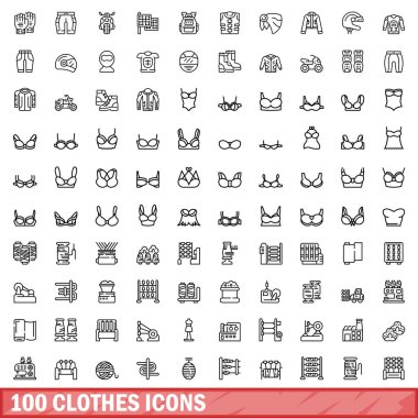 100 giysi ikonu. Beyaz arkaplanda izole edilmiş 100 giysi simgesi vektörünün taslağı