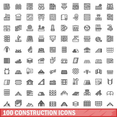 100 inşaat ikonu ayarlandı. Beyaz arkaplanda izole edilmiş 100 yapı ikonu vektörünün taslağı