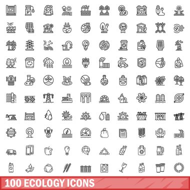 100 ekoloji ikonu ayarlandı. Beyaz arkaplanda izole edilmiş 100 ekoloji ikonu vektörünün taslağı