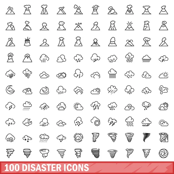 Stock vector 100 disaster icons set. Outline illustration of 100 disaster icons vector set isolated on white background