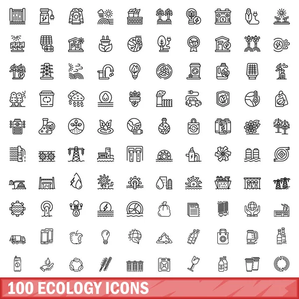 100 Öko Symbole Gesetzt Umriss Illustration Von 100 Ökologie Symbole — Stockvektor