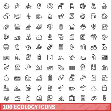 100 ekoloji ikonu ayarlandı. Beyaz arkaplanda izole edilmiş 100 ekoloji ikonu vektörünün taslağı