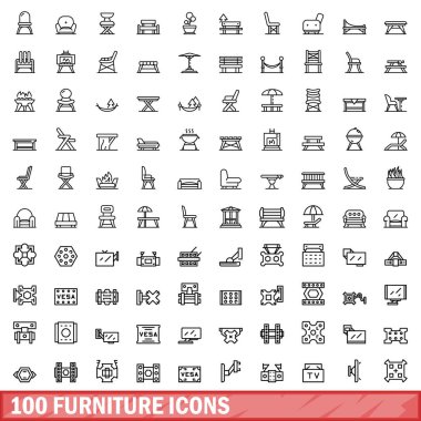 100 mobilya simgesi seti. Beyaz arkaplanda izole edilmiş 100 mobilya ikonu vektörünün taslağı