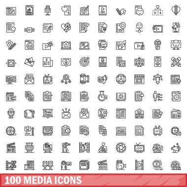 100 ortam simgesi ayarlandı. Beyaz arkaplanda izole edilmiş 100 ortam simgesi vektörünün taslağı