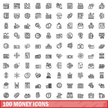 100 para ikonu ayarlandı. Beyaz arkaplanda izole edilmiş 100 para simgesi vektörünün taslağı