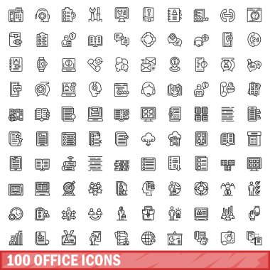 100 ofis simgesi ayarlandı. Beyaz arkaplanda izole edilmiş 100 ofis simgesi vektörünün taslağı
