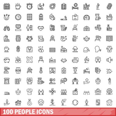 100 kişi simgesi oluşturuldu. Beyaz arkaplanda izole edilmiş 100 kişinin taslak çizimi