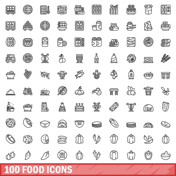 100 Ikon Żywności Zestaw Zarys Ilustracji 100 Ikon Żywności Wektor — Wektor stockowy