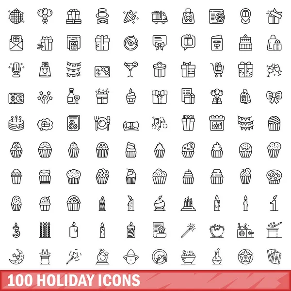 Ensemble 100 Icônes Vacances Illustration Schématique 100 Icônes Vacances Ensemble — Image vectorielle