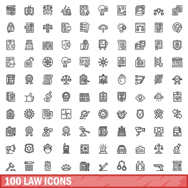100 Icone Della Legge Impostate Illustrazione Schematica 100 Icone Della — Vettoriale Stock