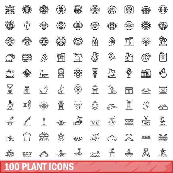 100 Bitki Simgesi Ayarlandı Beyaz Arkaplanda Izole Edilmiş 100 Bitki — Stok Vektör