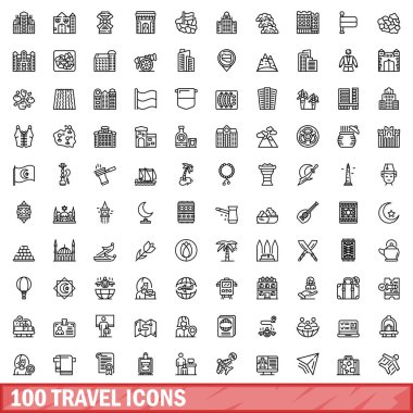 100 seyahat simgesi ayarlandı. Beyaz arkaplanda izole edilmiş 100 seyahat simgesinin taslak çizimi