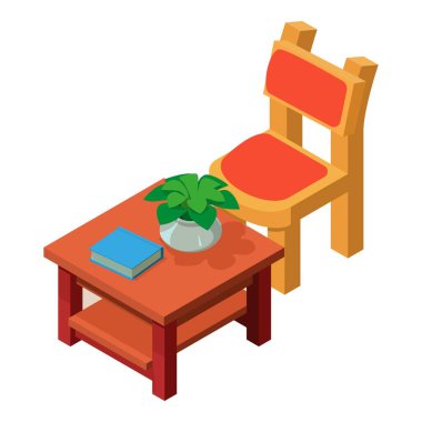 İç element ikonu izometrik vektörü. Demlik ve sandalyeli kahve masası. Ahşap mobilyalar, galeri