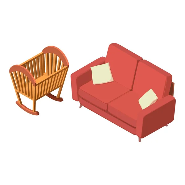 Baby Furniture Icon Isometric Vector Wooden Cradle Red Sofa Cushion — Stock Vector